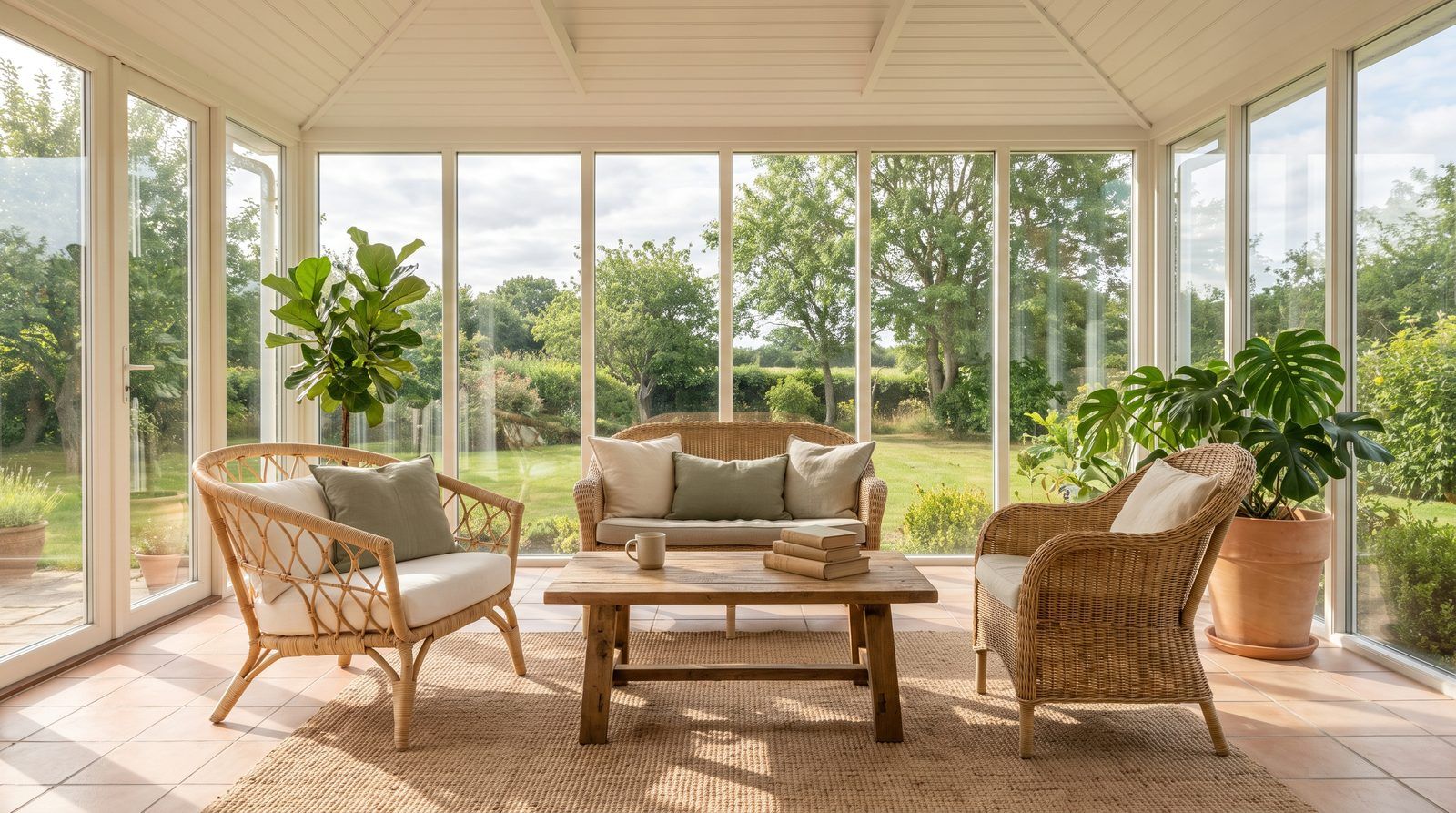 Bright sunroom interior with wicker seating and glass walls onto a garden