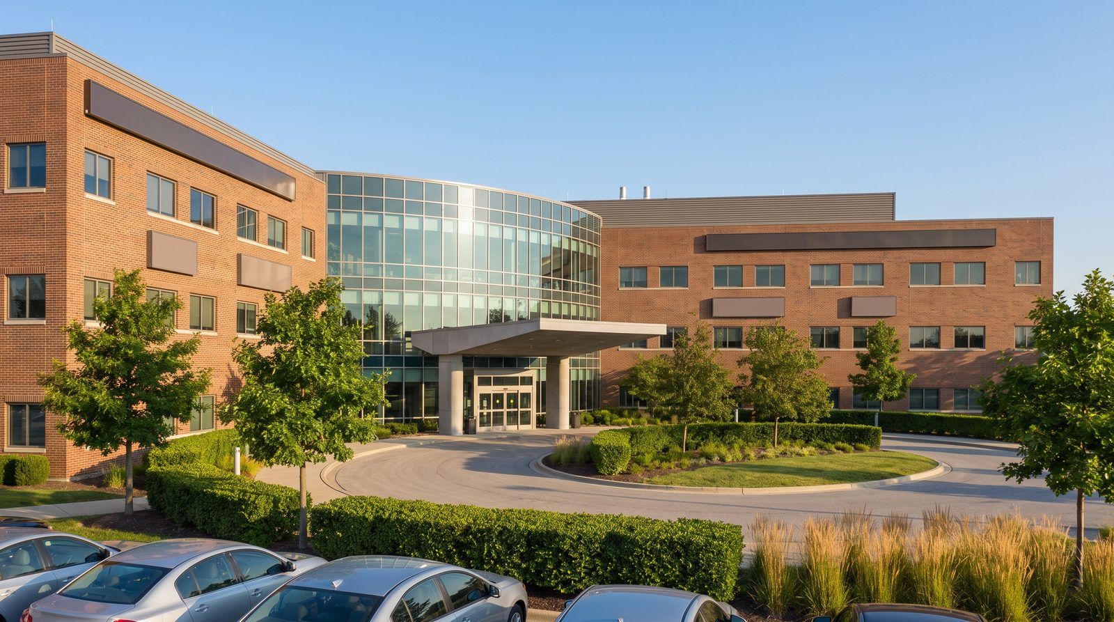 Hospital campus exterior with a curved glass entry pavilion in morning light
