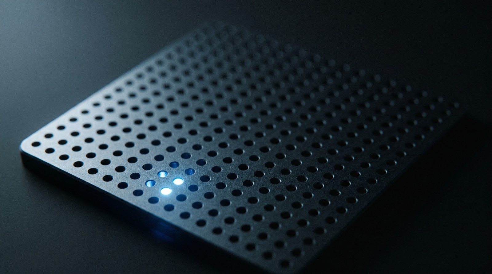 A dark plate drilled with a grid, one hole lit from beneath