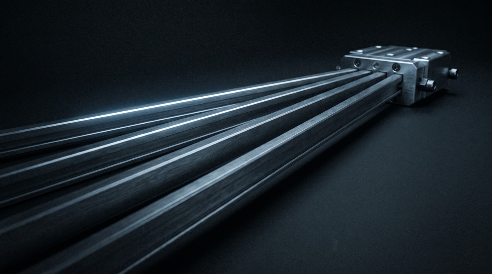 Five brushed rails converging on a single block