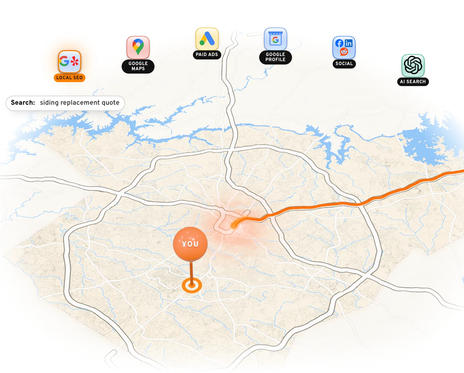 Illustration: a light street map of a county under a row of service icons, with one orange route running the roads to the single business marked YOU.