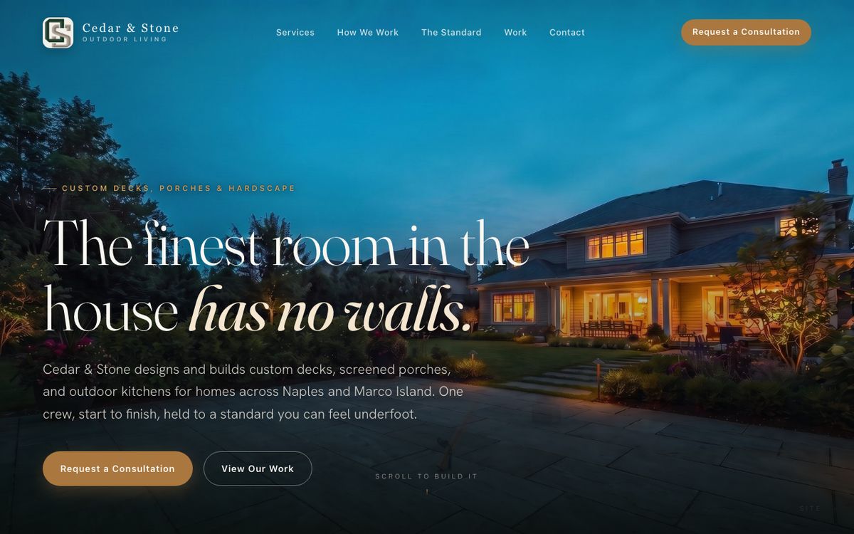 Cedar & Stone Outdoor Living website, a twilight pergola with string lights over a bluestone patio